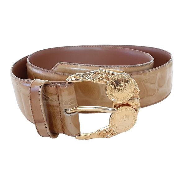Vintage 80s Reptile Croco Belt Carmel Genuine Leather Gold Coin Buckle Sz L - Picture 1 of 11